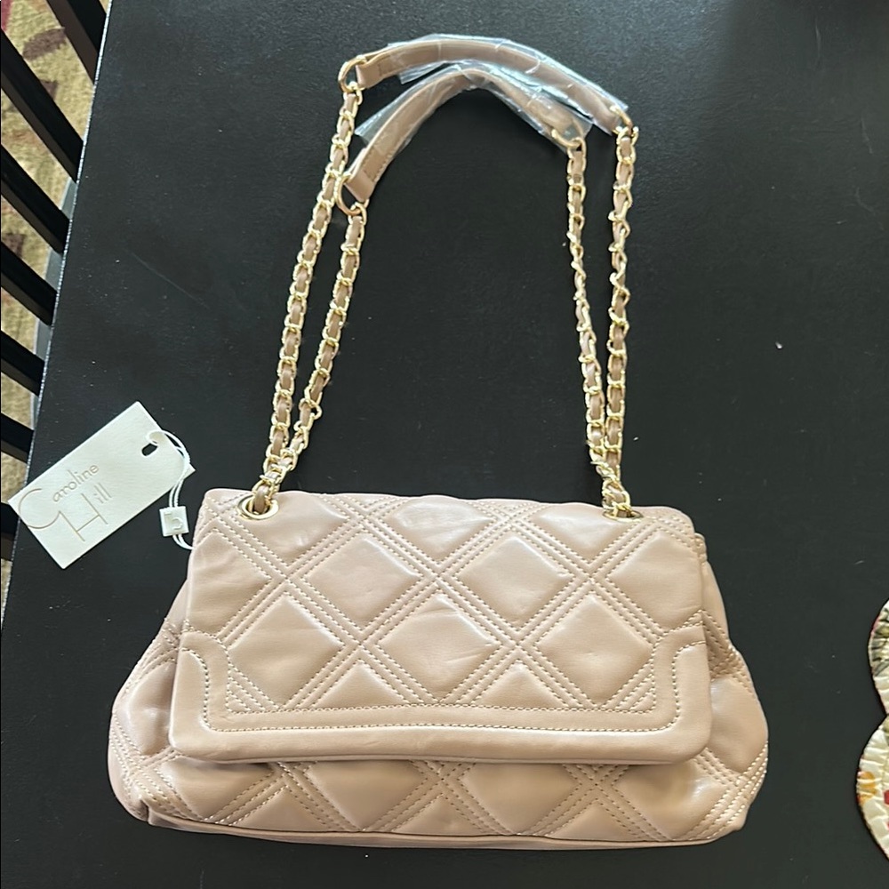 Tan Quilted Shoulder Bag with Gold Chain